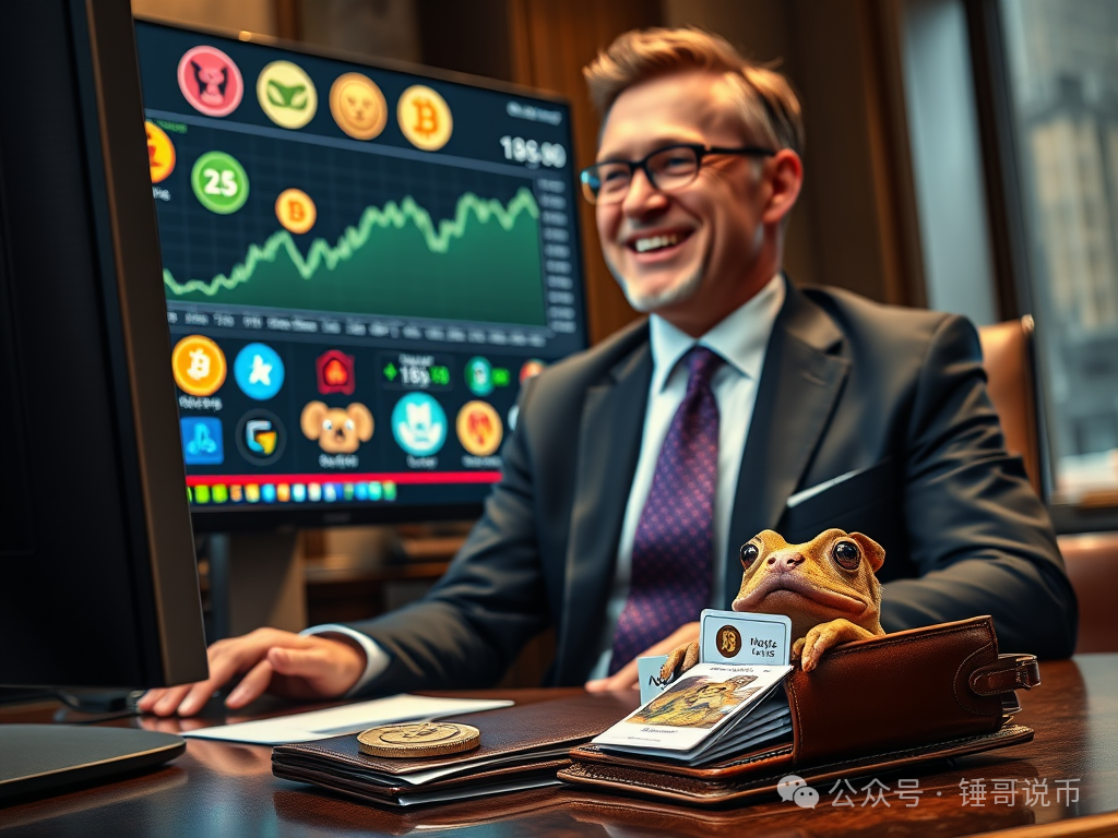 A Wall Street elite in a sharp suit is smiling at a computer screen. The screen displays various animal-themed meme coin logos and a rising price chart. On the desk, there is a high-end leather wallet with some cryptocurrency cold wallet cards showing dog and frog images peeking out.