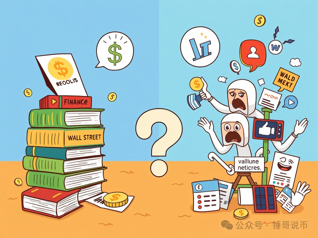 A conceptual illustration depicting a divide between traditional finance and meme culture. On the left, there are traditional finance textbooks and Wall Street symbols. On the right, there are internet memes and social media icons. In the center, a large question mark symbolizes the value perception challenge brought by meme coins.