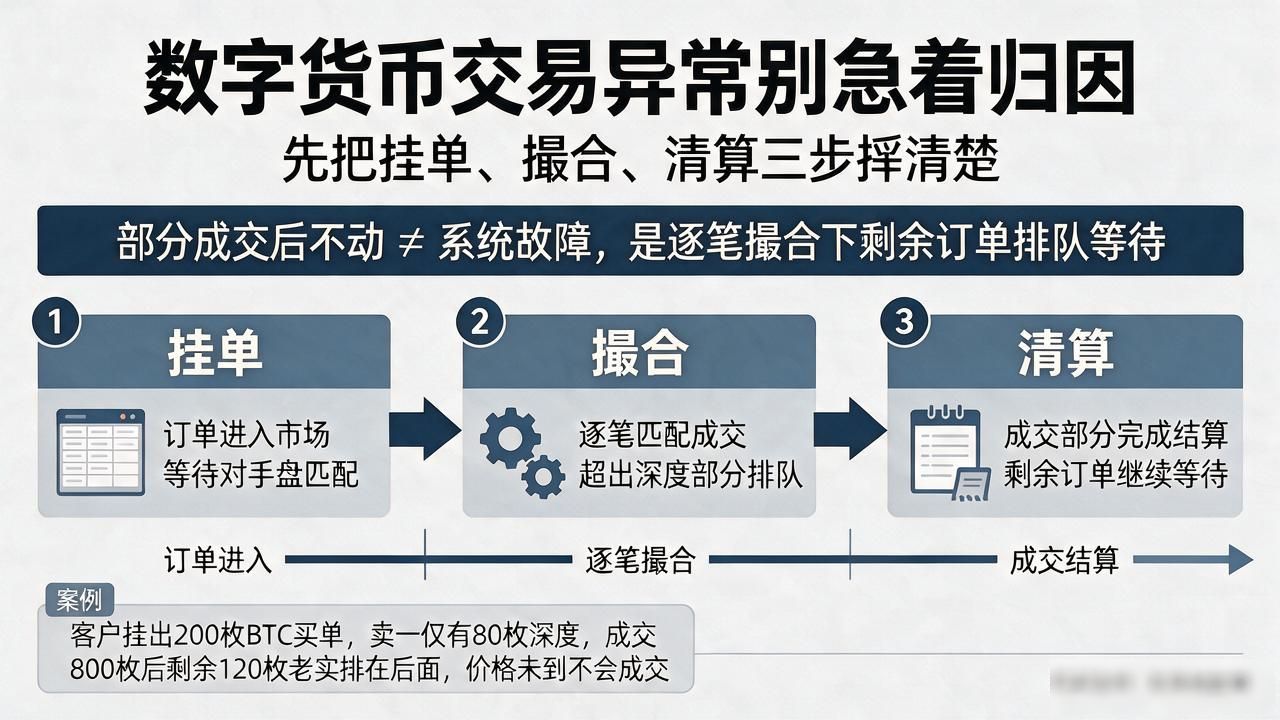 数字货币交易异常别急着归因，先把挂单、撮合、清算三步捋清楚